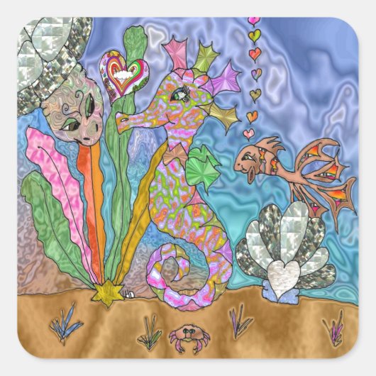Psychedelic Seahorse Zee Turtle Art Vierkante Sticker (Voorkant)
