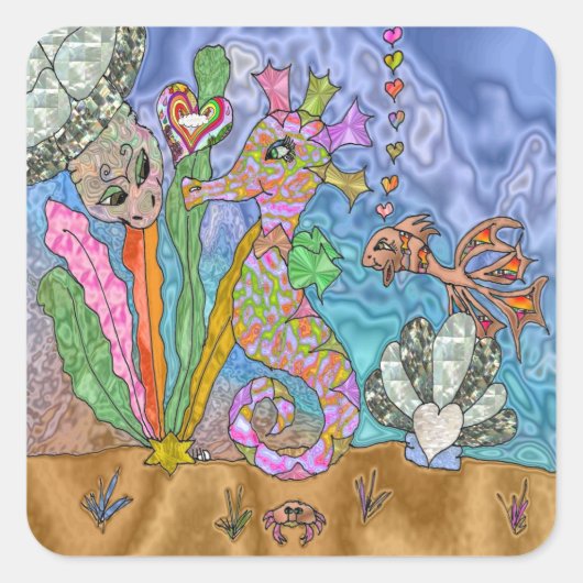 Psychedelic Seahorse Zee Turtle Art Vierkante Sticker (Voorkant)