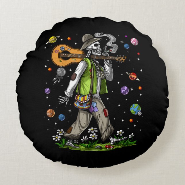 Psychedelic Skeleton Hippie Rond Kussen (Voorkant)