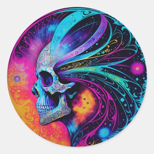 Psychedelic Skull en Mane Ronde Sticker (Voorkant)