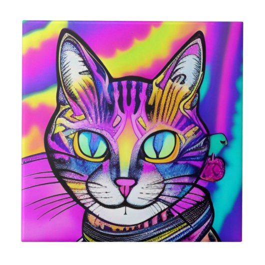 Psychedelic smirking cat kleurrijke paarse fuchsia tegeltje (Voorkant)