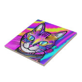 Psychedelic smirking cat kleurrijke paarse fuchsia tegeltje (Zijkant)