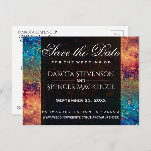 Psychedelic Splatter | Rainbow Save the Date Aankondigingskaart (Voorkant / Achterkant)