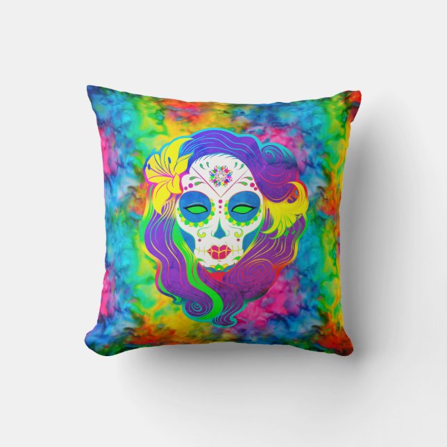 [Psychedelic Sugar Skull] Fractal Stropdas-Dye Cal Kussen (Voorkant)