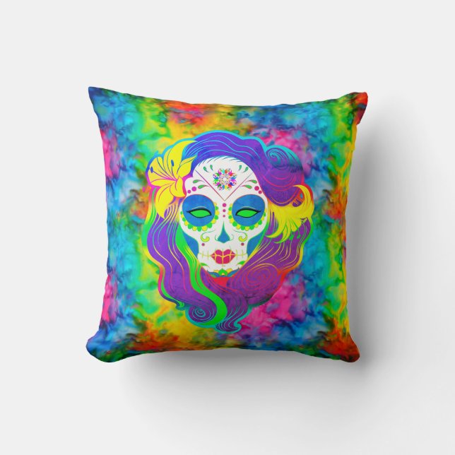 [Psychedelic Sugar Skull] Fractale Tie-Dye Calaver Kussen (Voorkant)