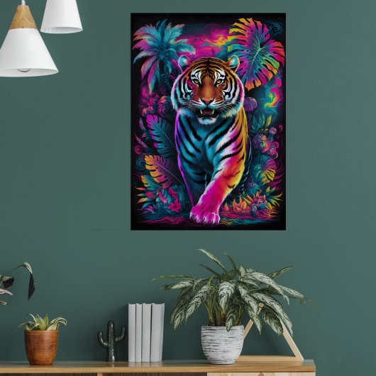 Psychedelic Tiger – Vibrant Neon Oerwoud Art Poste Poster (Woonkamer 1)