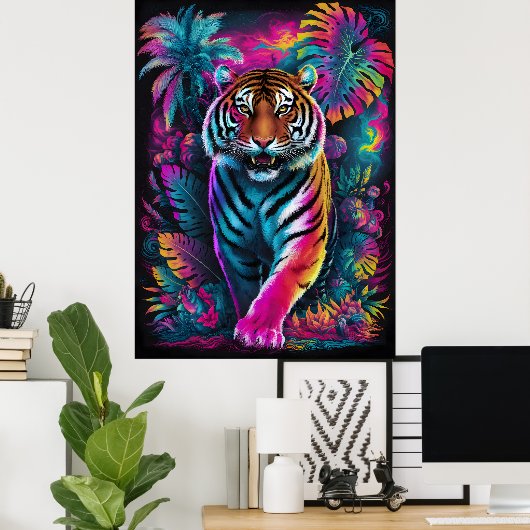 Psychedelic Tiger – Vibrant Neon Oerwoud Art Poste Poster (Thuiskantoor)