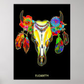 Psychedelic Tribal Koe Skull Flowers Feathers Poster (Voorkant)