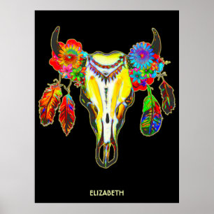 Psychedelic Tribal Koe Skull Flowers Feathers Poster