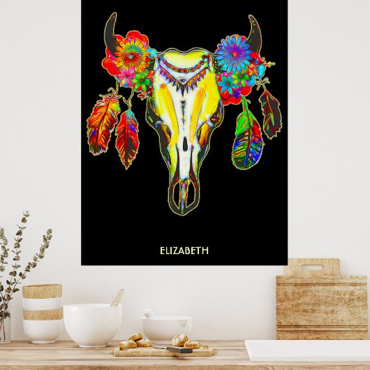 Psychedelic Tribal Koe Skull Flowers Feathers Poster (Keuken)