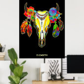 Psychedelic Tribal Koe Skull Flowers Feathers Poster (Thuiskantoor)