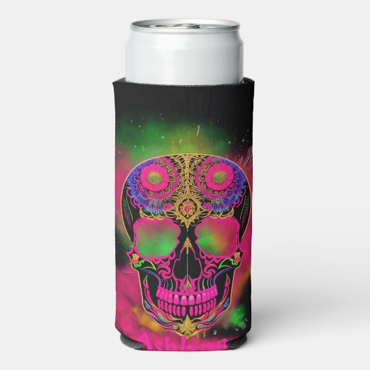Psychedelic Trippy Custom schedel Kleurrijk Seltzer Blikjeskoeler (Seltzer Achterkant)