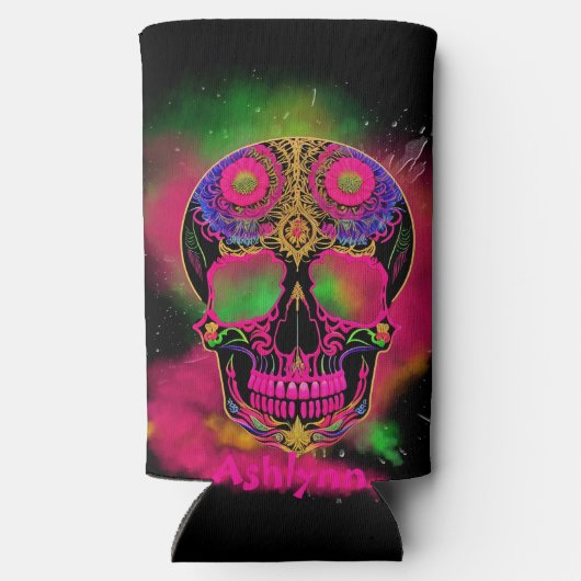 Psychedelic Trippy Custom schedel Kleurrijk Seltzer Blikjeskoeler (Achterkant)