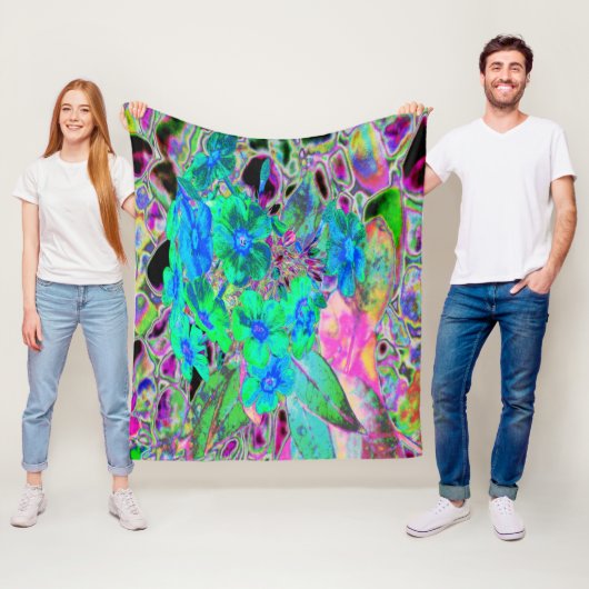 Psychedelic Trippy Lime Green en Blue Flowers Fleece Deken (In situ)