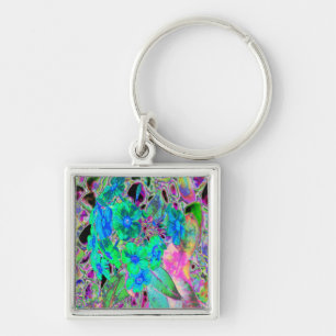 Psychedelic Trippy Lime Green en Blue Flowers Sleutelhanger