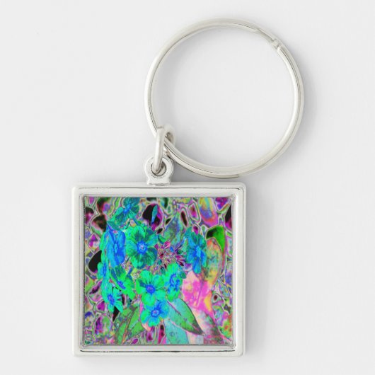 Psychedelic Trippy Lime Green en Blue Flowers Sleutelhanger (Voorkant)