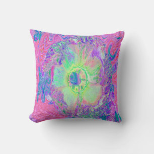 Psychedelic Trippy Lime Green en Paarse Hibiscus Kussen
