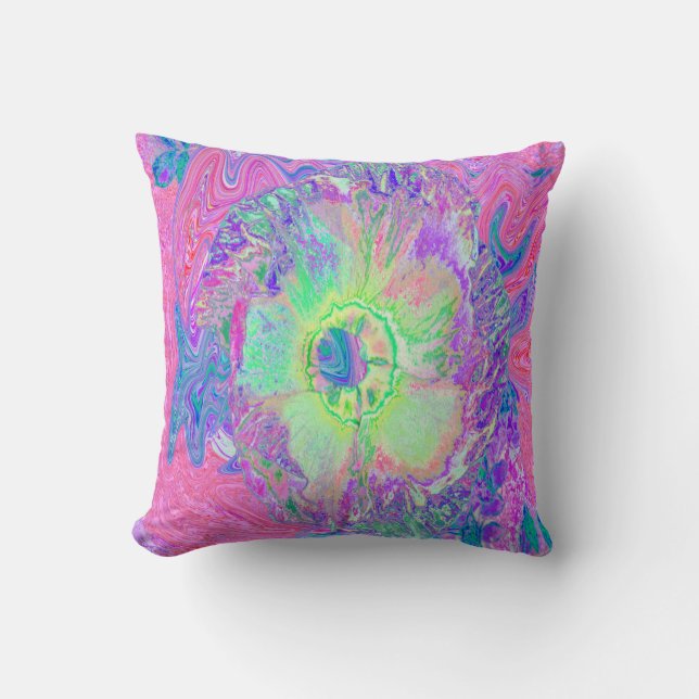 Psychedelic Trippy Lime Green en Paarse Hibiscus Kussen (Voorkant)
