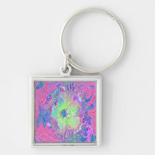Psychedelic Trippy Lime Green en Paarse Hibiscus Sleutelhanger (Voorkant)