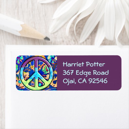 Psychedelic Trippy Paars Peace Sign Etiket (Insitu)
