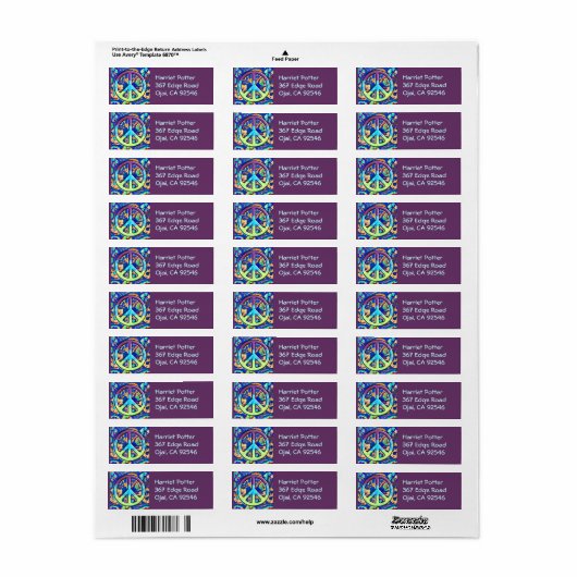 Psychedelic Trippy Paars Peace Sign Etiket (Full Sheet)