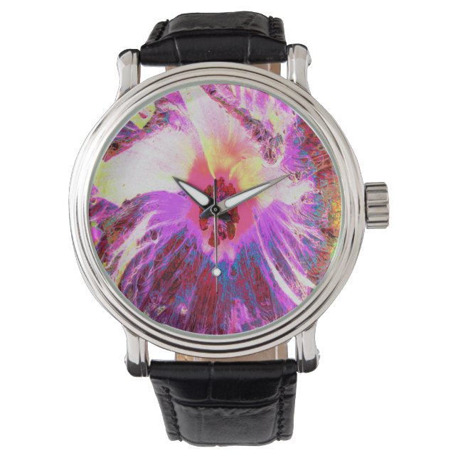 Psychedelic Trippy Rainbow-kleuren Hibiscus Flower Horloge (Voorkant)