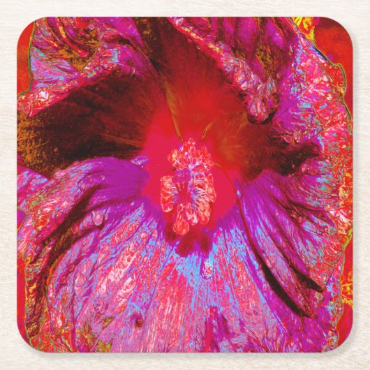 Psychedelic Trippy Retro Red Hibiscus Flower Kartonnen Onderzetters (Voorkant)