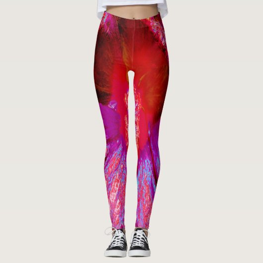 Psychedelic Trippy Retro Red Hibiscus Flower Leggings (Voorkant)