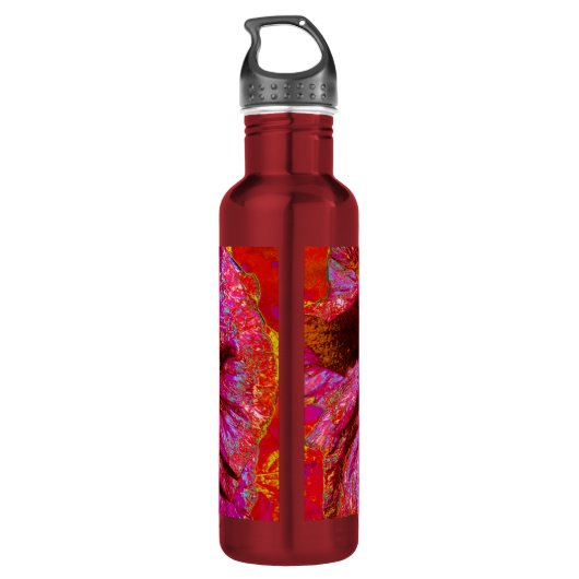 Psychedelic Trippy Retro Red Hibiscus Flower Waterfles (Achterkant)