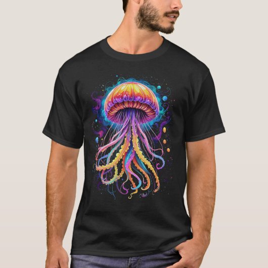 Psychedelic Trippy Zwart Licht Stijl Kwallen T-shirt (Voorkant)
