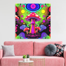 Psychedelic Vibrant Colorful Retro Mushrooms Canvas Afdruk