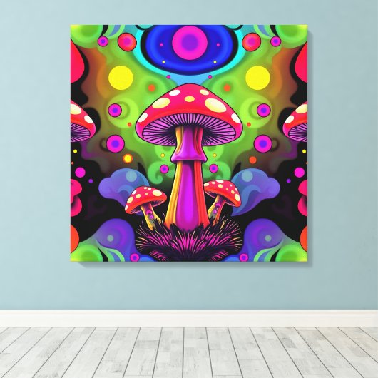 Psychedelic Vibrant Colorful Retro Mushrooms Canvas Afdruk (Insitu (Houten vloer))