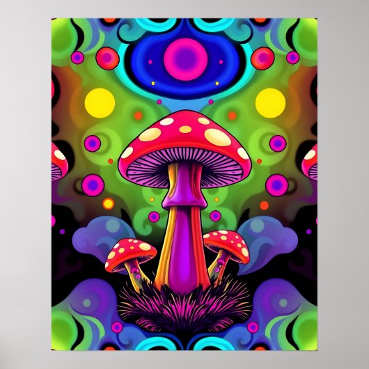 Psychedelic Vibrant Colorful Retro Mushrooms Poster (Voorkant)