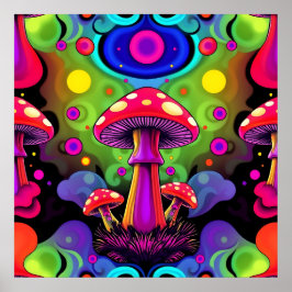 Psychedelic Vibrant Colorful Retro Mushrooms Poster