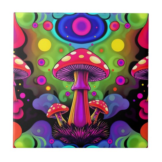 Psychedelic Vibrant Colorful Retro Mushrooms Tegeltje (Voorkant)