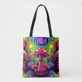 Psychedelic Vibrant Colorful Retro Mushrooms Tote Bag