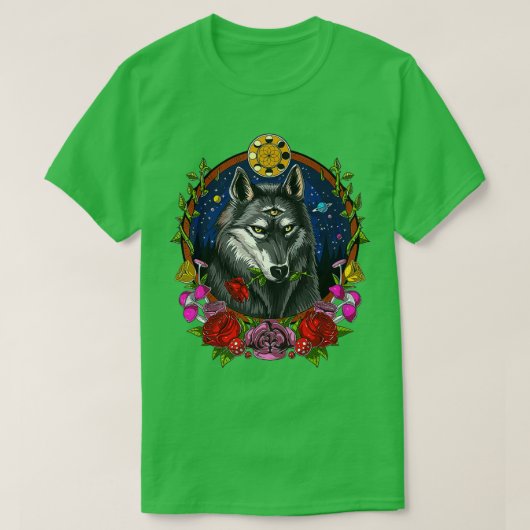 Psychedelic Wolf Forest Animal Moon Phases Fantasy T-shirt (Design voorkant)