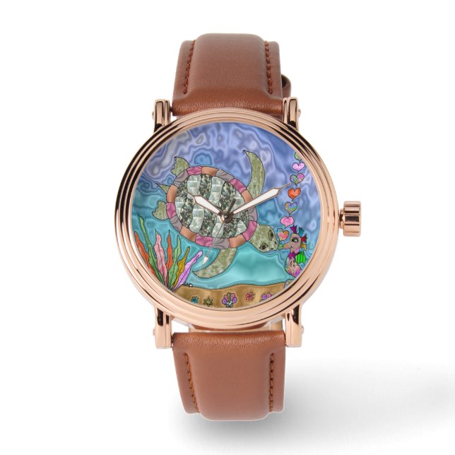 Psychedelic Zee Turtle Seahorse Art Designer Watch Horloge (Voorkant)