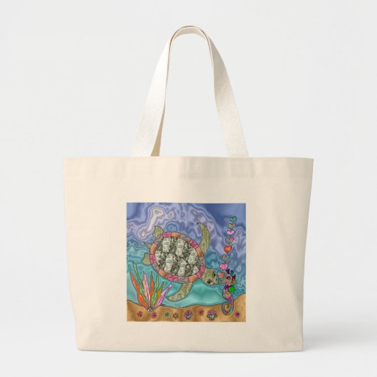 Psychedelic Zee Turtle Seahorse Art Grote Tote Bag (Voorkant)