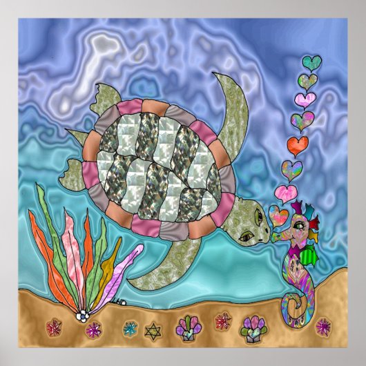 Psychedelic Zee Turtle Seahorse Art keramische Teg Poster (Voorkant)