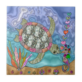 Psychedelic Zee Turtle Seahorse Art Tegeltje