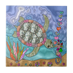 Psychedelic Zee Turtle Seahorse Art Tegeltje