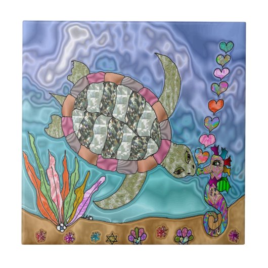 Psychedelic Zee Turtle Seahorse Art Tegeltje (Voorkant)