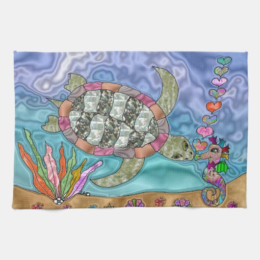 Psychedelic Zee Turtle Seahorse Art Theedoek (Horizontaal)