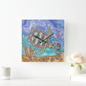 Psychedelic Zee Turtle Seahorse Art Vierkante Klok (Huis)