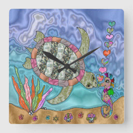 Psychedelic Zee Turtle Seahorse Art Vierkante Klok