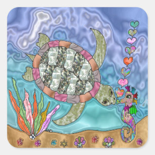 Psychedelic Zee Turtle Seahorse Art Vierkante Sticker