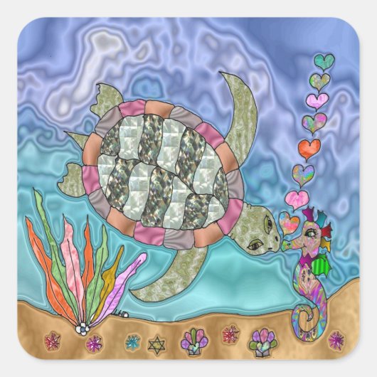 Psychedelic Zee Turtle Seahorse Art Vierkante Sticker (Voorkant)