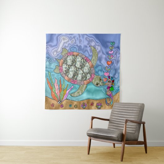 Psychedelic Zee Turtle Seahorse Art Wandkleed (In situ)