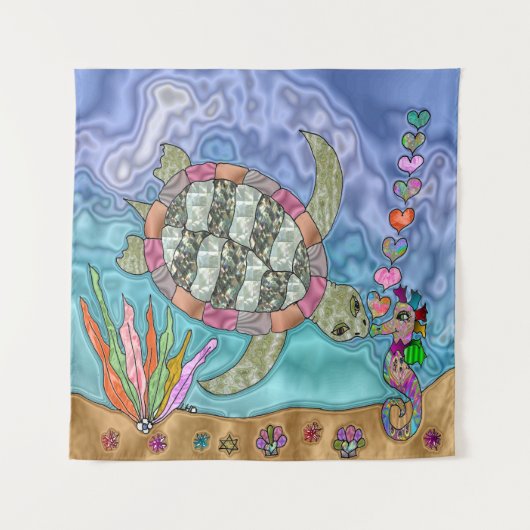 Psychedelic Zee Turtle Seahorse Art Wandkleed (Voorkant)